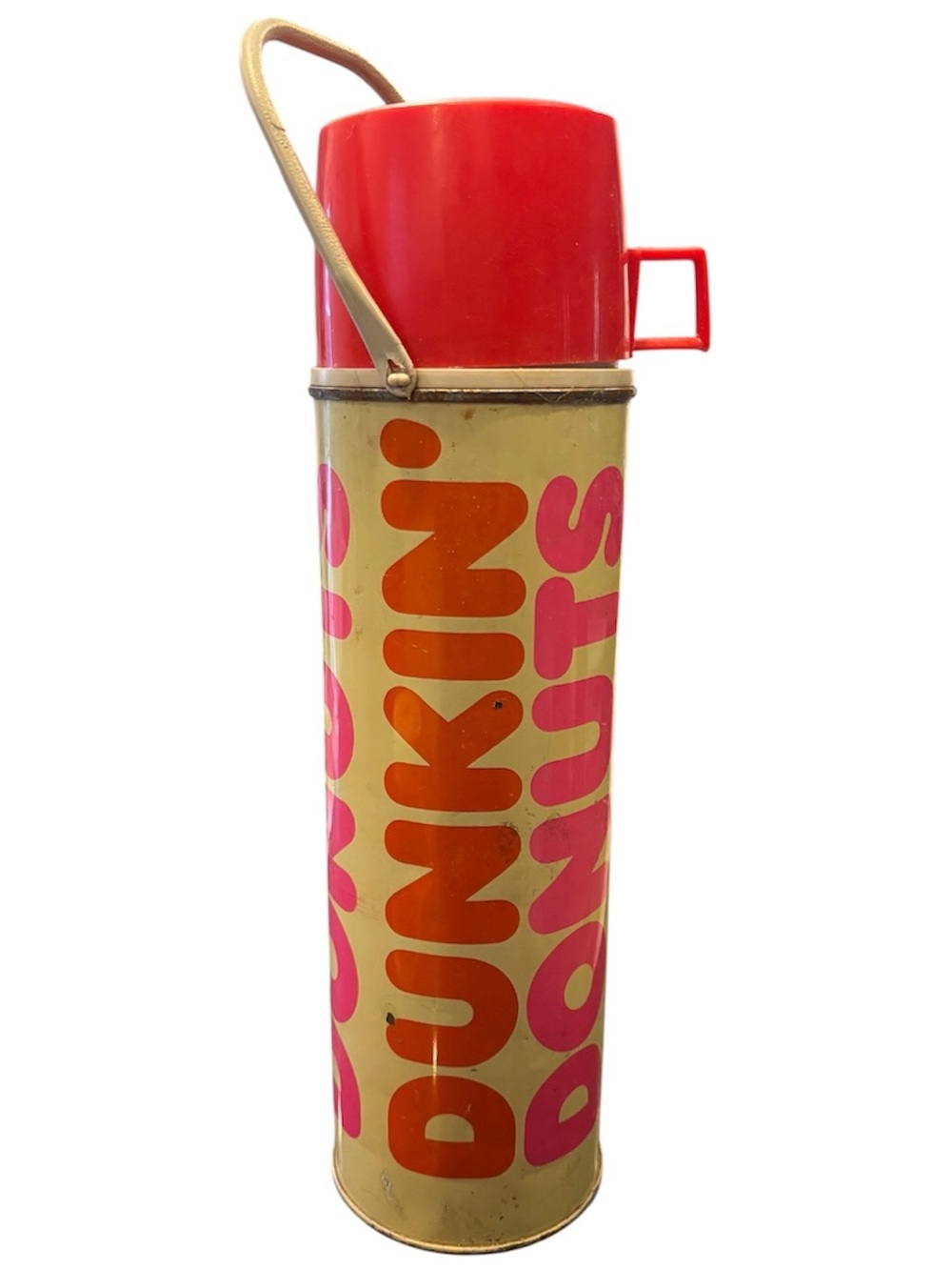 Dunkin' Donuts Vintage Metal Thermos Bottle with Red Cup Lid Retro 80’s Design